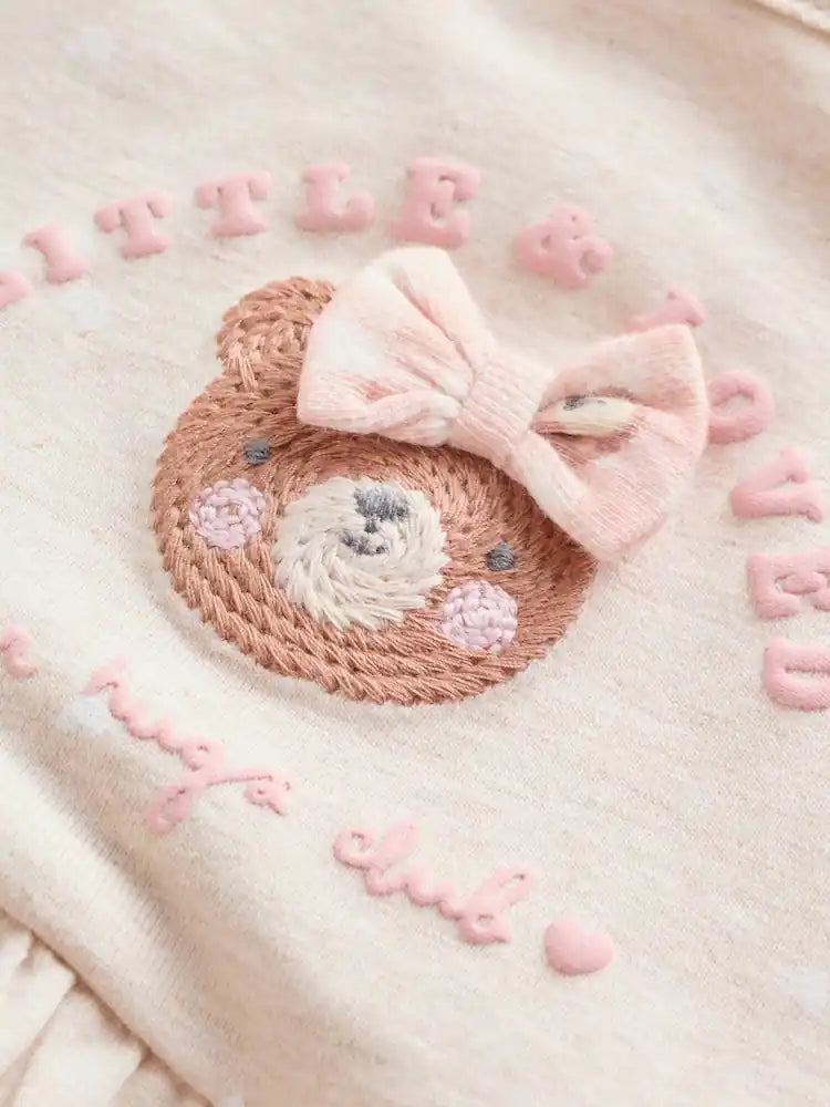 |BabyGirl| Conjunto Com 3 Macacões De Bebê Em Malha Com Bordado De Ursinho Rosa