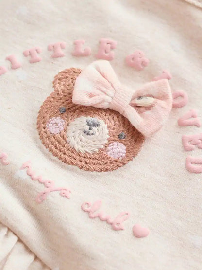 |BabyGirl| Conjunto Com 3 Macacões De Bebê Em Malha Com Bordado De Ursinho Rosa