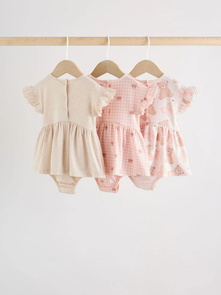 |BabyGirl| Conjunto Com 3 Macacões De Bebê Em Malha Com Bordado De Ursinho Rosa