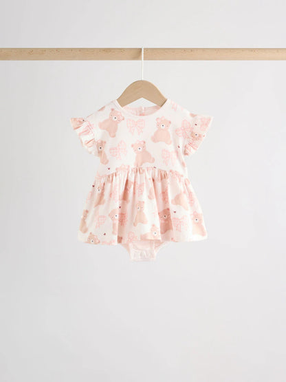 |BabyGirl| Conjunto Com 3 Macacões De Bebê Em Malha Com Bordado De Ursinho Rosa