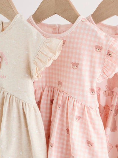 |BabyGirl| Conjunto Com 3 Macacões De Bebê Em Malha Com Bordado De Ursinho Rosa