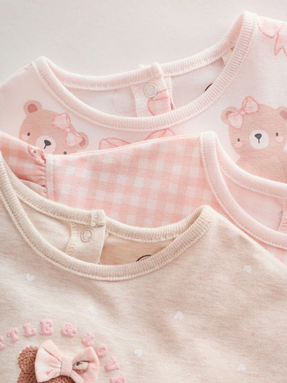 |BabyGirl| Conjunto Com 3 Macacões De Bebê Em Malha Com Bordado De Ursinho Rosa