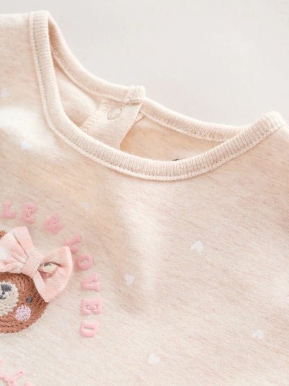 |BabyGirl| Conjunto Com 3 Macacões De Bebê Em Malha Com Bordado De Ursinho Rosa