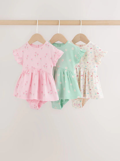 |BabyGirl| Conjunto Com 3 Macacões De Bebê Em Malha Com Estampa De Coração Rosa