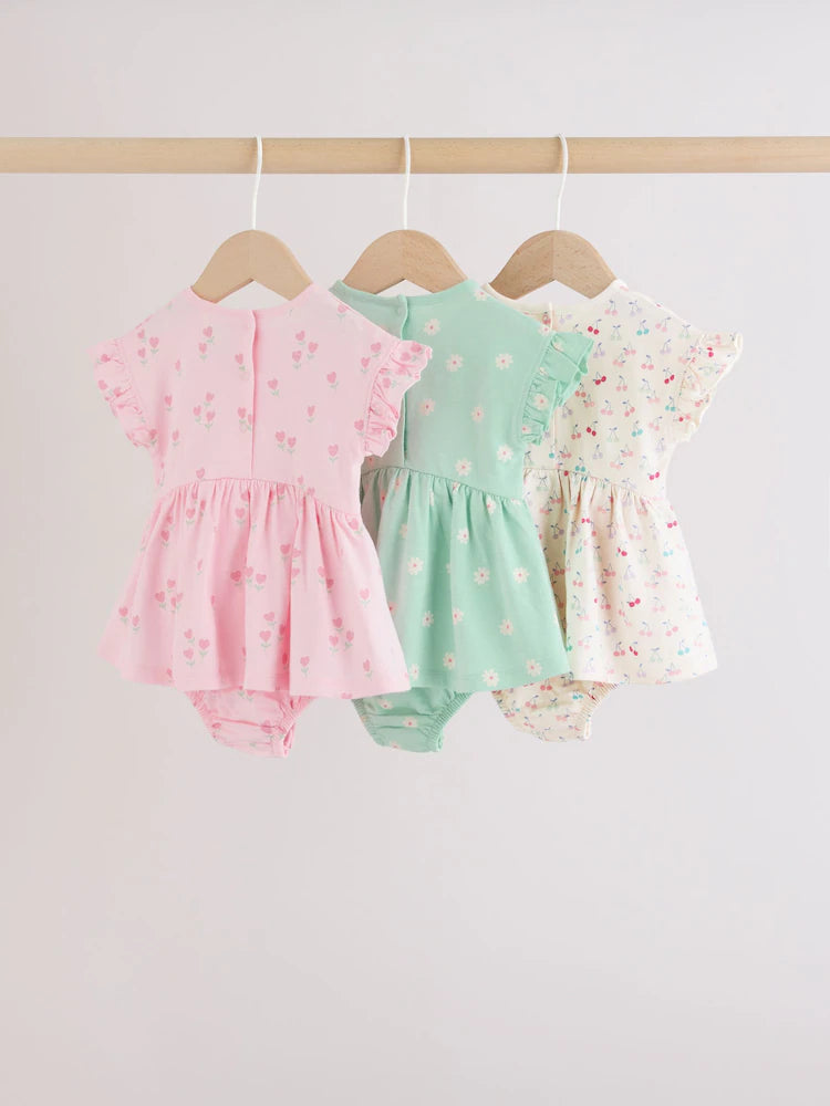 |BabyGirl| Conjunto Com 3 Macacões De Bebê Em Malha Com Estampa De Coração Rosa