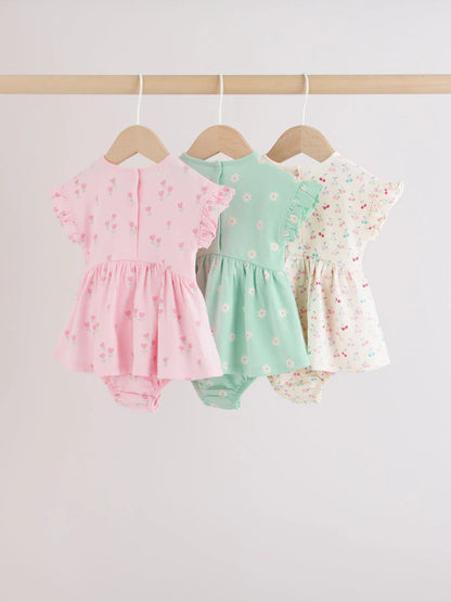 |BabyGirl| Conjunto Com 3 Macacões De Bebê Em Malha Com Estampa De Coração Rosa