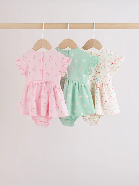 |BabyGirl| Conjunto Com 3 Macacões De Bebê Em Malha Com Estampa De Coração Rosa