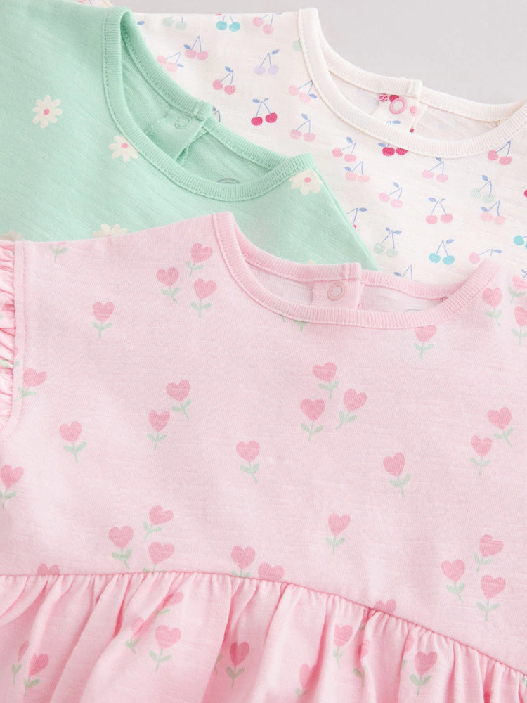 |BabyGirl| Conjunto Com 3 Macacões De Bebê Em Malha Com Estampa De Coração Rosa