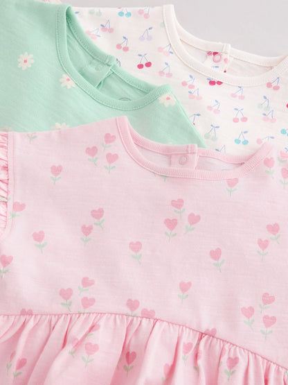 |BabyGirl| Conjunto Com 3 Macacões De Bebê Em Malha Com Estampa De Coração Rosa