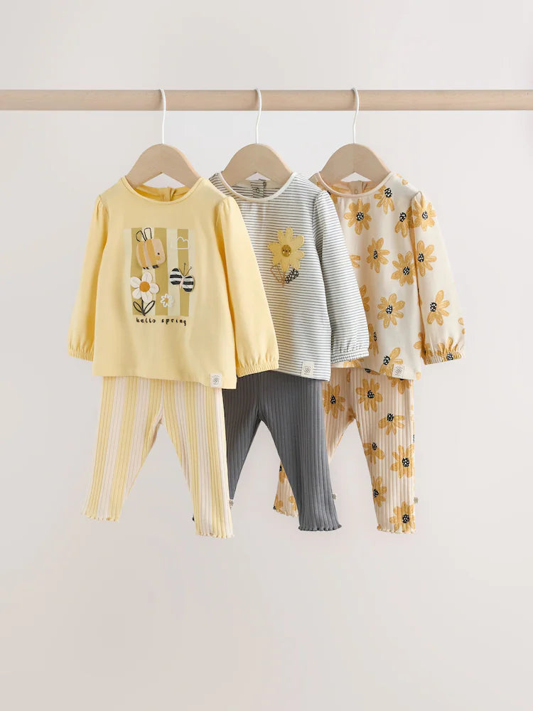 |BabyGirl| Conjunto De Blusa De Manga Comprida e Legging Com Estampa Floral Amarela/Listrada, 6 peças (0 meses a 3 anos)