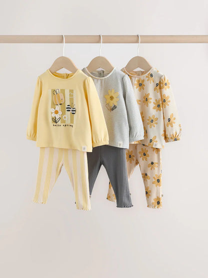 |BabyGirl| Conjunto De Blusa De Manga Comprida e Legging Com Estampa Floral Amarela/Listrada, 6 peças (0 meses a 3 anos)