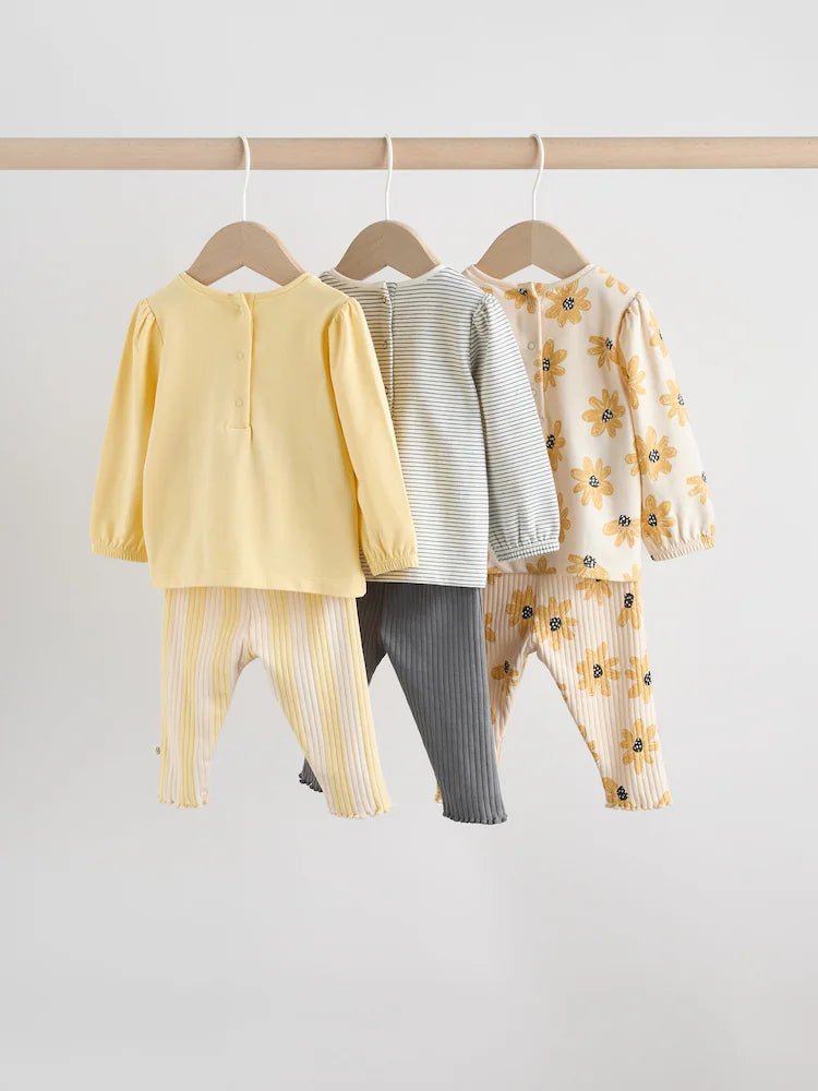 |BabyGirl| Conjunto De Blusa De Manga Comprida e Legging Com Estampa Floral Amarela/Listrada, 6 peças (0 meses a 3 anos)
