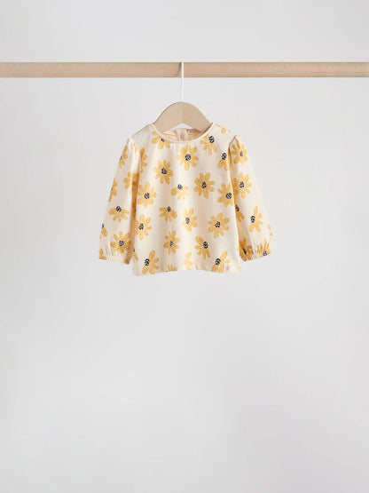 |BabyGirl| Conjunto De Blusa De Manga Comprida e Legging Com Estampa Floral Amarela/Listrada, 6 peças (0 meses a 3 anos)