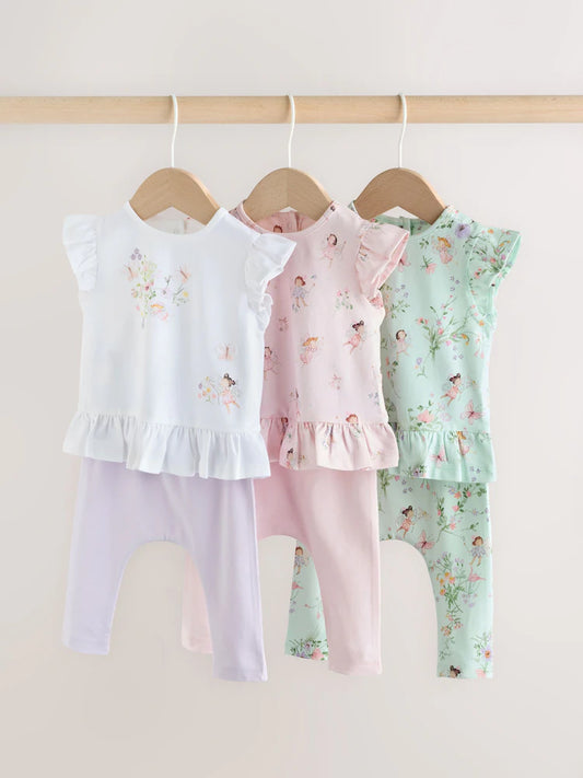|BabyGirl| Conjunto De 6 Peças Para Bebê Com Estampa De Fada Nas Cores Rosa, Menta e Branco (0 meses a 3 anos).