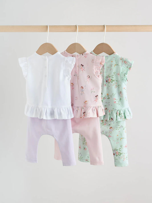 |BabyGirl| Conjunto De 6 Peças Para Bebê Com Estampa De Fada Nas Cores Rosa, Menta e Branco (0 meses a 3 anos).