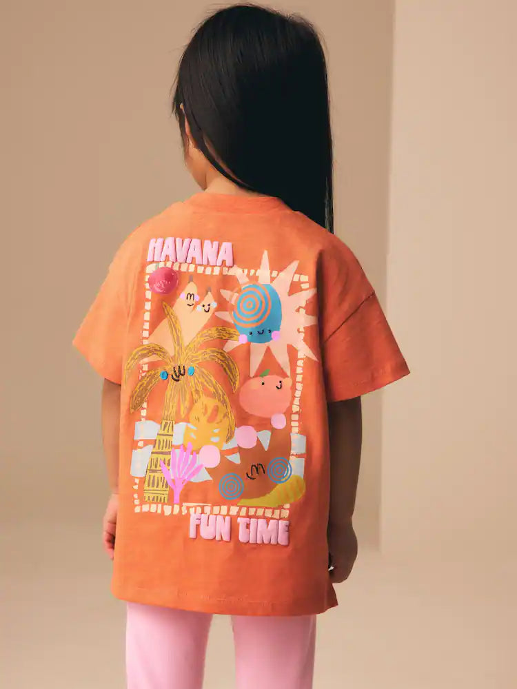 |Girl| Camiseta De Manga Curta Com Estampa De Palmeira Laranja (3 meses a 7 anos)