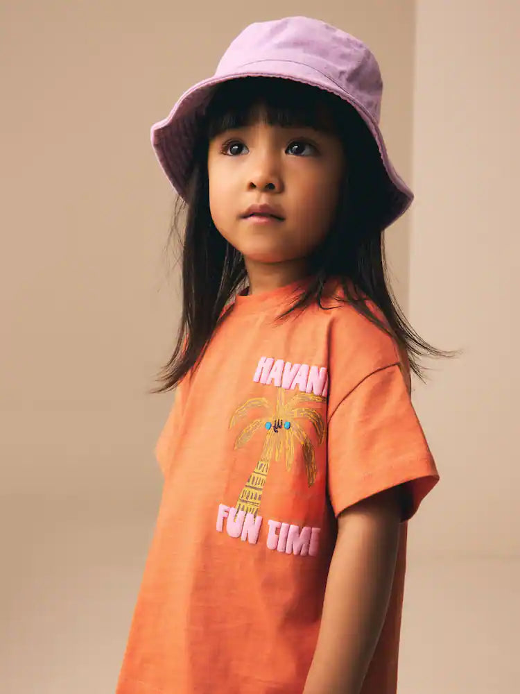 |Girl| Camiseta De Manga Curta Com Estampa De Palmeira Laranja (3 meses a 7 anos)