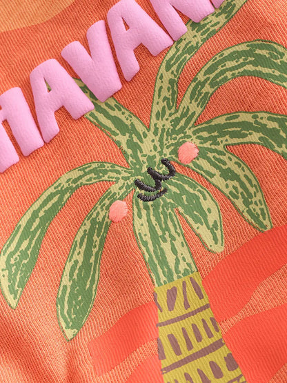 |Girl| Camiseta De Manga Curta Com Estampa De Palmeira Laranja (3 meses a 7 anos)