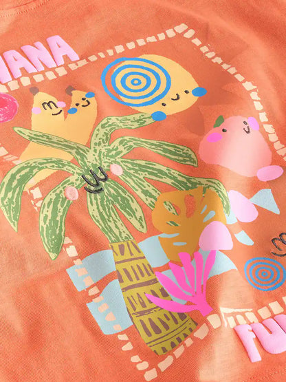 |Girl| Camiseta De Manga Curta Com Estampa De Palmeira Laranja (3 meses a 7 anos)