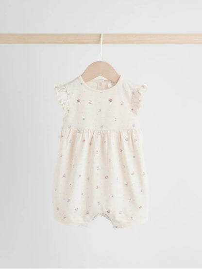 |BabyGirl| Conjunto Com 3 Macacões Florais Lilás e Cru Com Babados Nos Ombros