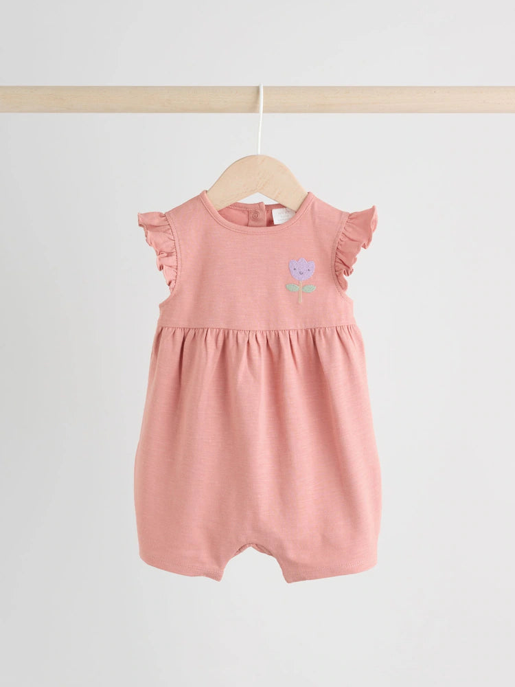 |BabyGirl| Conjunto Com 3 Macacões Florais Lilás e Cru Com Babados Nos Ombros