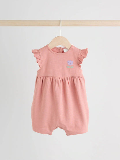 |BabyGirl| Conjunto Com 3 Macacões Florais Lilás e Cru Com Babados Nos Ombros