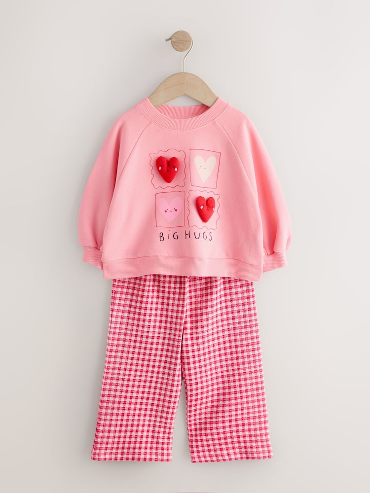 |Girl| Conjunto De Moletom "Hey Hi" Com Estampa De Coração Rosa e Calça Pantalona (3 meses a 7 anos)