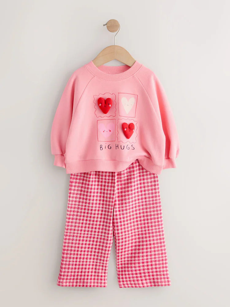 |Girl| Conjunto De Moletom "Hey Hi" Com Estampa De Coração Rosa e Calça Pantalona (3 meses a 7 anos)