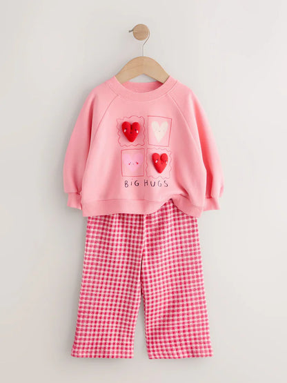 |Girl| Conjunto De Moletom "Hey Hi" Com Estampa De Coração Rosa e Calça Pantalona (3 meses a 7 anos)