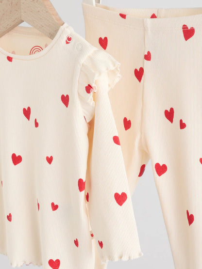 |BabyGirl| Conjunto De 2 Peças Para Bebê Com Estampa De Corações Na Cor Cru (Top e Leggings, tamanho 0 meses a 2 anos)