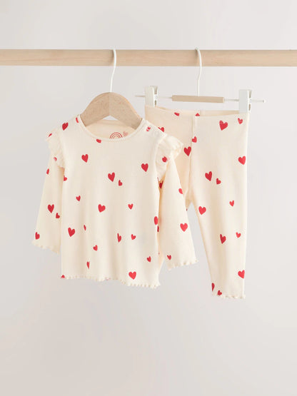|BabyGirl| Conjunto De 2 Peças Para Bebê Com Estampa De Corações Na Cor Cru (Top e Leggings, tamanho 0 meses a 2 anos)