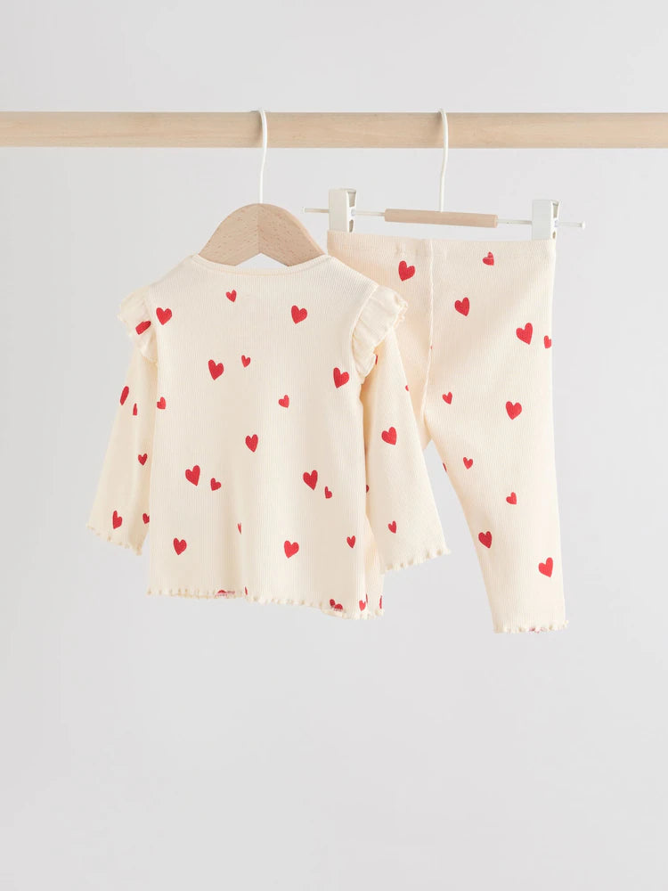 |BabyGirl| Conjunto De 2 Peças Para Bebê Com Estampa De Corações Na Cor Cru (Top e Leggings, tamanho 0 meses a 2 anos)