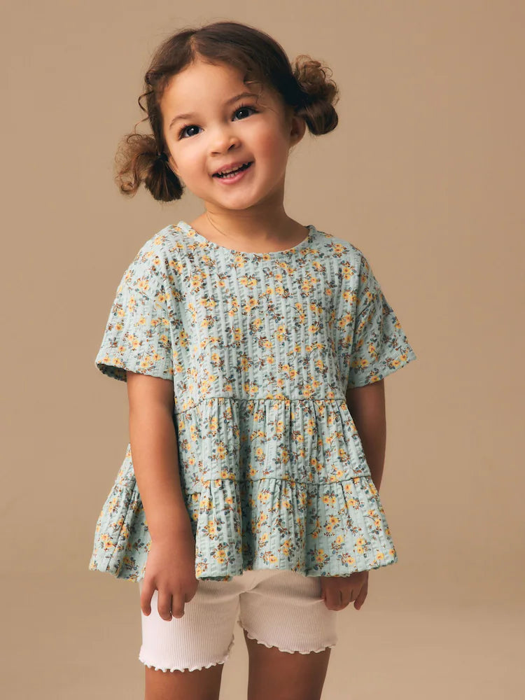 |Girl| Conjunto De Blusa e Shorts De Manga Curta Com Estampa Floral Miúda Azul (3 meses a 7 anos)