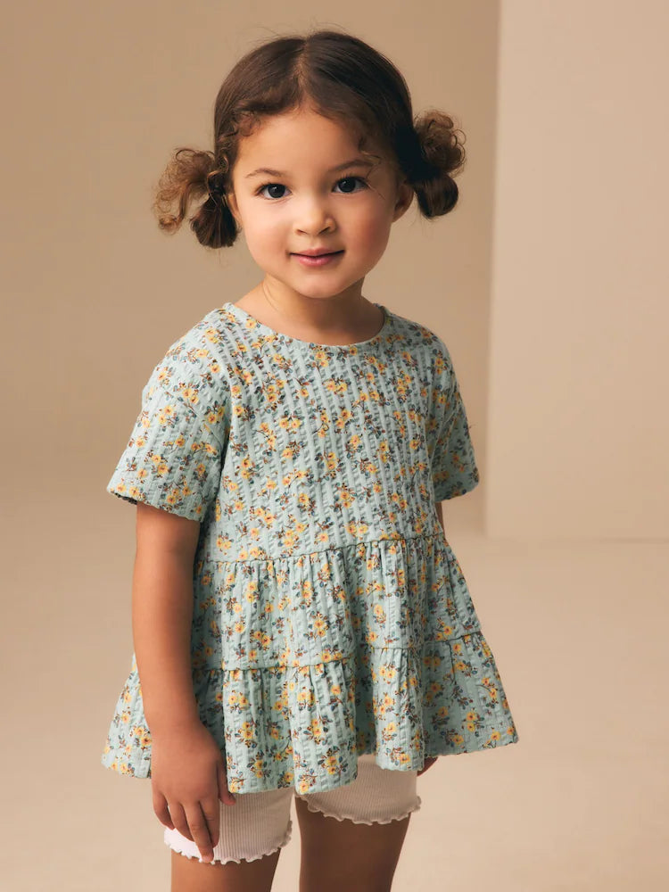 |Girl| Conjunto De Blusa e Shorts De Manga Curta Com Estampa Floral Miúda Azul (3 meses a 7 anos)