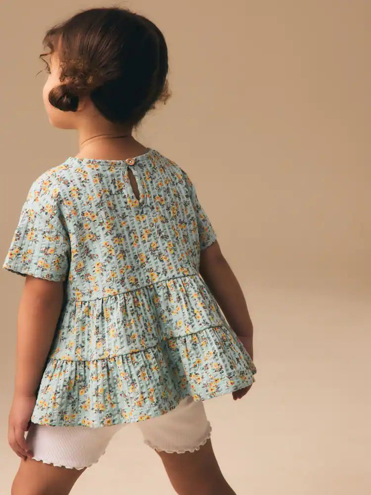 |Girl| Conjunto De Blusa e Shorts De Manga Curta Com Estampa Floral Miúda Azul (3 meses a 7 anos)