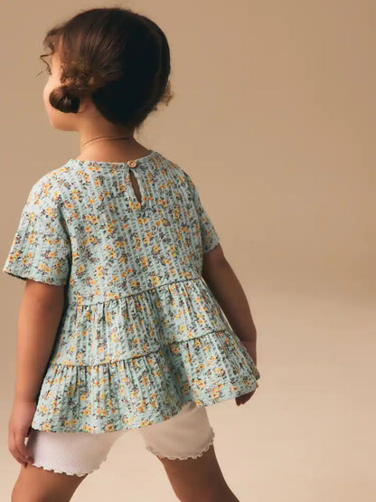 |Girl| Conjunto De Blusa e Shorts De Manga Curta Com Estampa Floral Miúda Azul (3 meses a 7 anos)