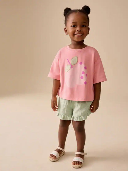 |Girl| Conjunto De Camiseta De Manga Curta e Shorts Com Estampa De Maçã Rosa (3 meses a 7 anos)