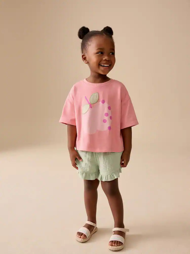 |Girl| Conjunto De Camiseta De Manga Curta e Shorts Com Estampa De Maçã Rosa (3 meses a 7 anos)