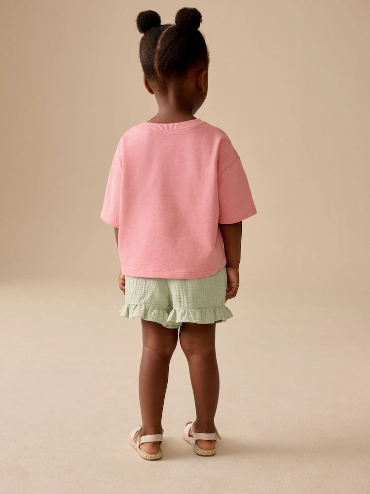 |Girl| Conjunto De Camiseta De Manga Curta e Shorts Com Estampa De Maçã Rosa (3 meses a 7 anos)