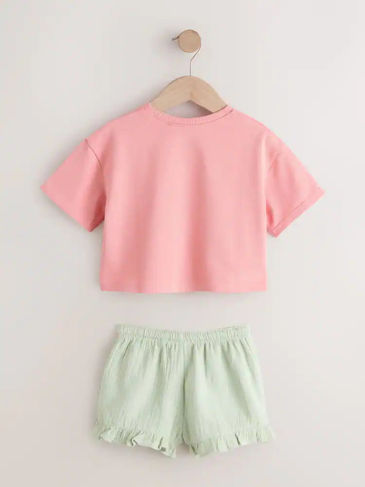 |Girl| Conjunto De Camiseta De Manga Curta e Shorts Com Estampa De Maçã Rosa (3 meses a 7 anos)