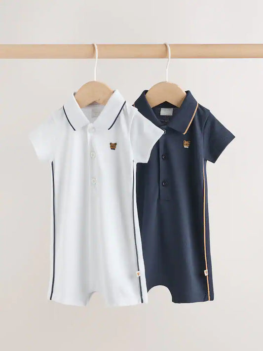 |BabyBoy| Conjunto De 2 Macacões Infantis Com Gola Inteligente Nas Cores Azul-Marinho e Branco