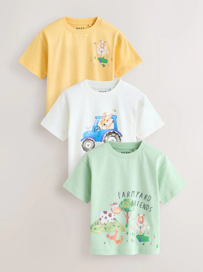 |Boy| Pacote Com 3 Camisetas De Manga Curta Com Estampa De Fazenda Em Aquarela Verde (3 meses a 7 anos)