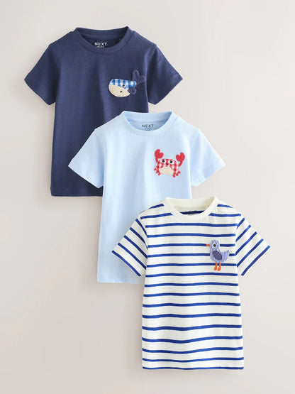 |Boy| Conjunto De 3 Camisetas De Manga Curta Com Apliques De Animais Marinhos Da Marinha (3 meses a 7 anos)