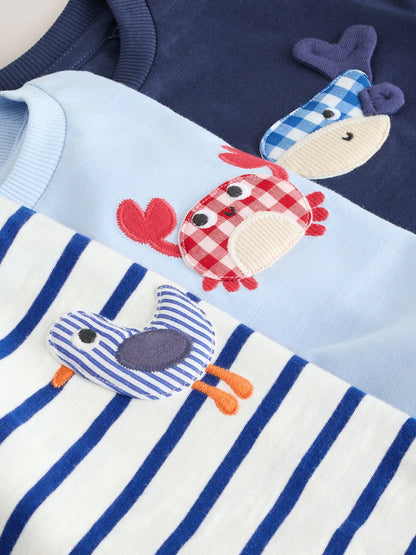 |Boy| Conjunto De 3 Camisetas De Manga Curta Com Apliques De Animais Marinhos Da Marinha (3 meses a 7 anos)