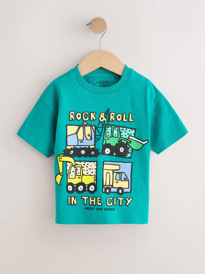 |Boy| Conjunto De 3 Camisetas De Manga Curta Com Estampa De Escavadora Em Azul Turquesa (3 meses a 7 anos)