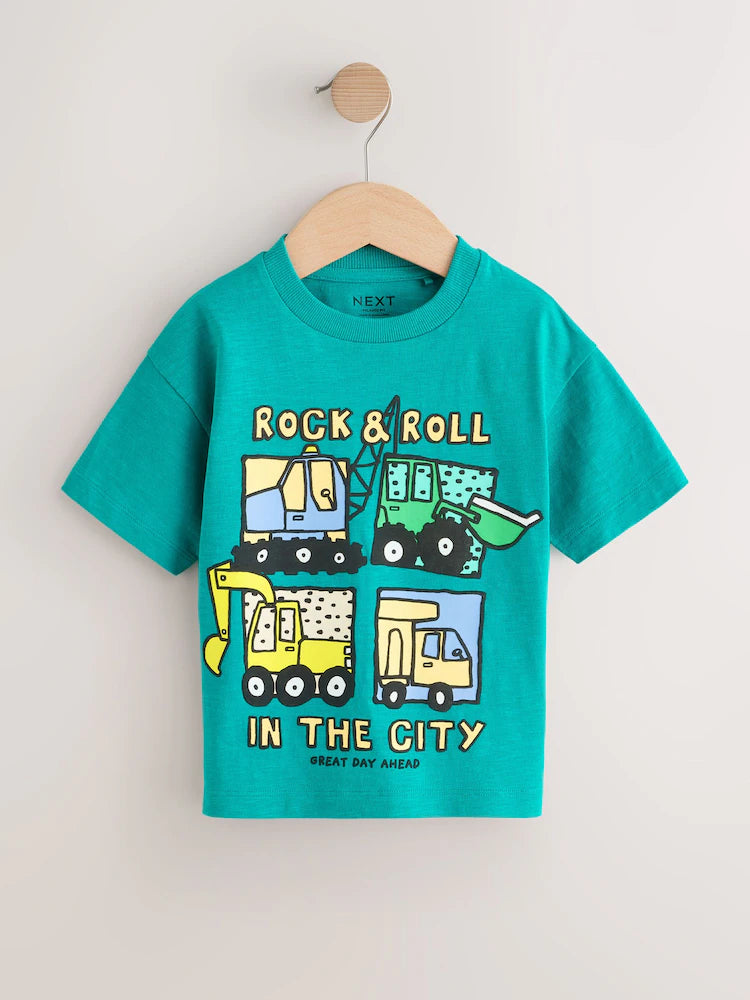 |Boy| Conjunto De 3 Camisetas De Manga Curta Com Estampa De Escavadora Em Azul Turquesa (3 meses a 7 anos)