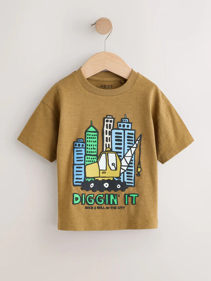 |Boy| Conjunto De 3 Camisetas De Manga Curta Com Estampa De Escavadora Em Azul Turquesa (3 meses a 7 anos)