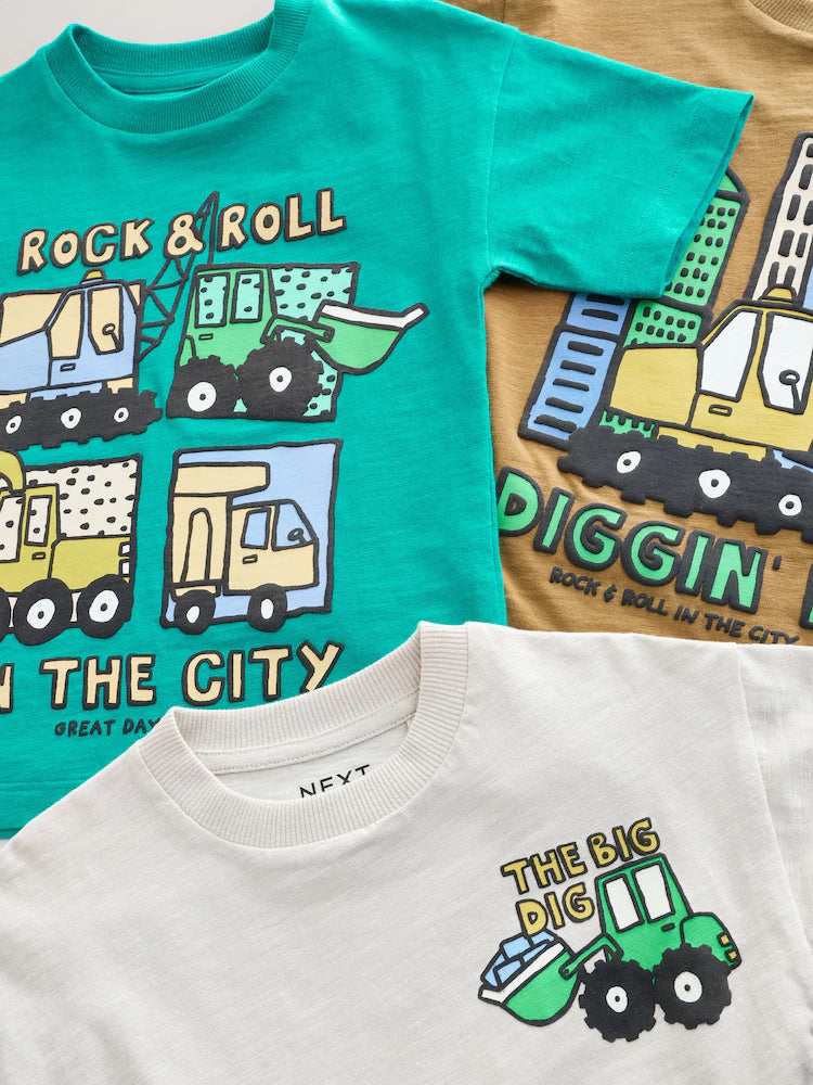 |Boy| Conjunto De 3 Camisetas De Manga Curta Com Estampa De Escavadora Em Azul Turquesa (3 meses a 7 anos)