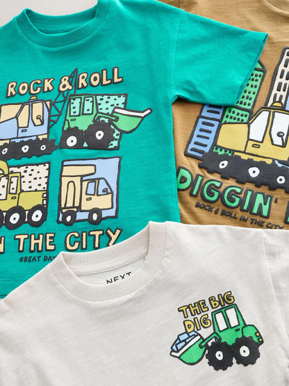 |Boy| Conjunto De 3 Camisetas De Manga Curta Com Estampa De Escavadora Em Azul Turquesa (3 meses a 7 anos)