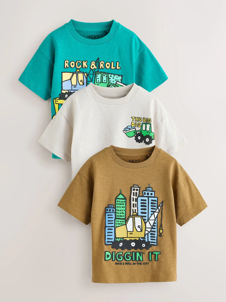 |Boy| Conjunto De 3 Camisetas De Manga Curta Com Estampa De Escavadora Em Azul Turquesa (3 meses a 7 anos)